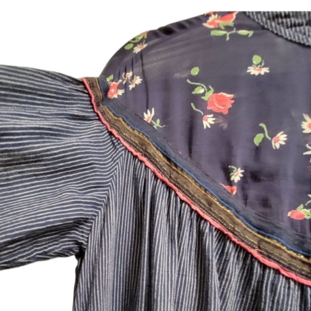 FREE People Navy Blue Pinstripe Sheer Floral Boho Oversized Tunic Blouse Top - Picture 7 of 16